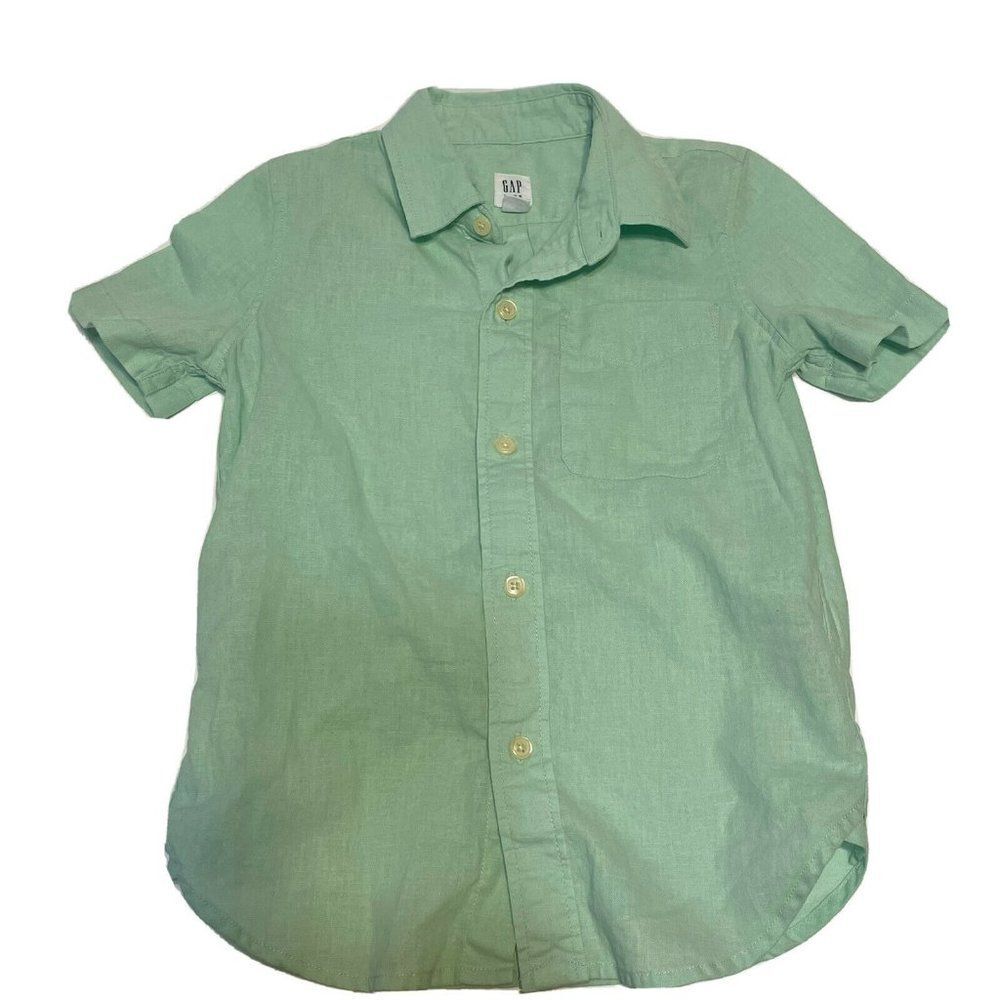 Gap Kids Xs 4–5 blue Green collared button front linen Dress shirt Short Sleeve